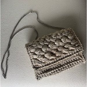 Neutral Woven Fabric Cross Body with silver chain